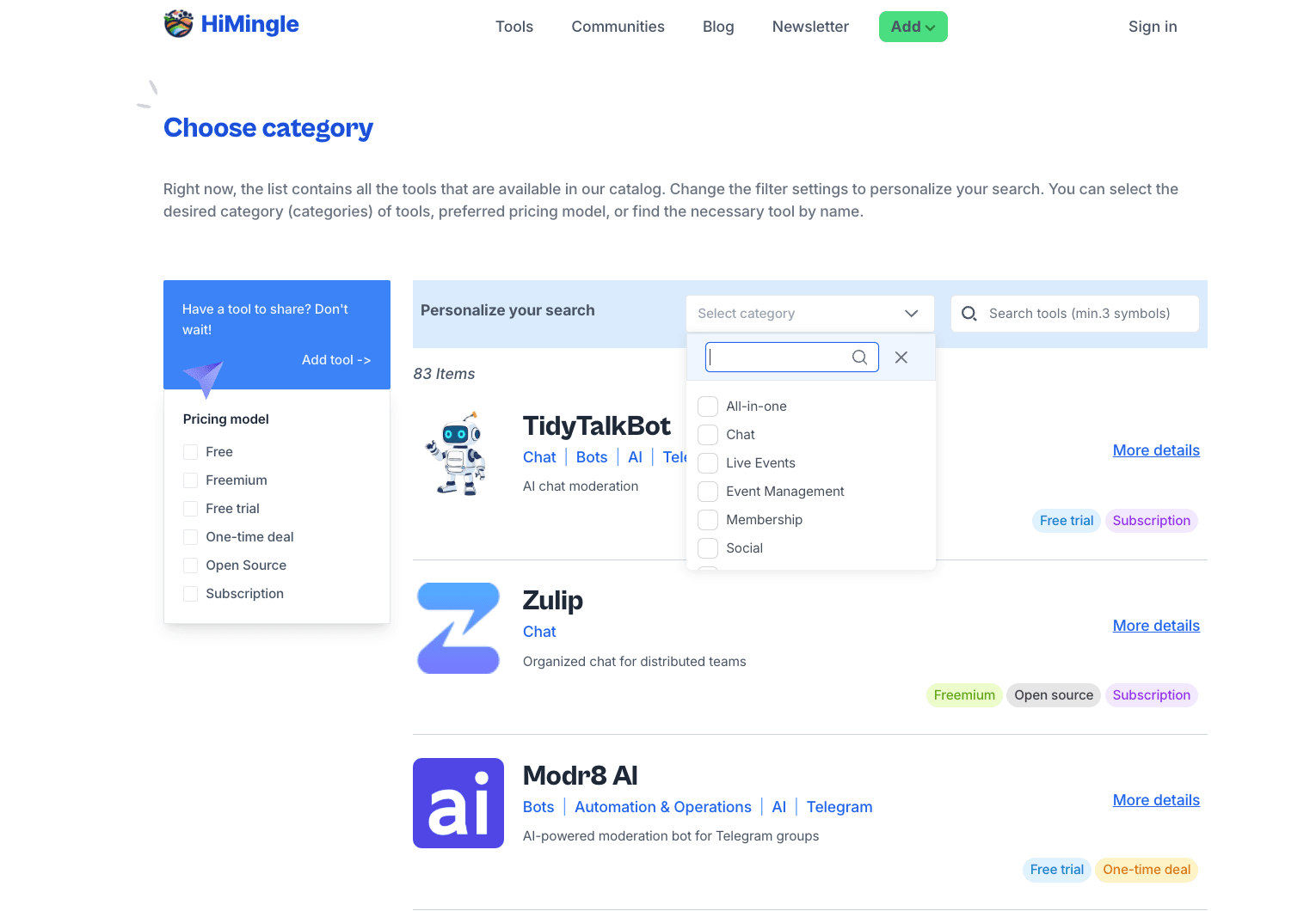 Directory of tools with filters