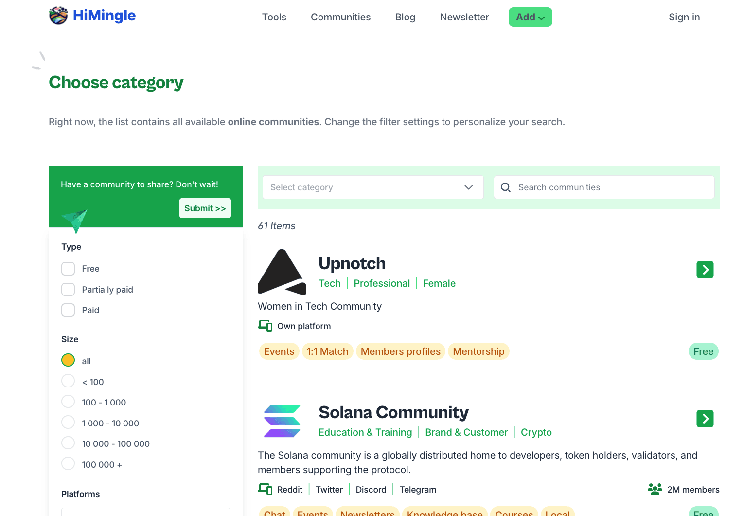 Directory of Communities with filters