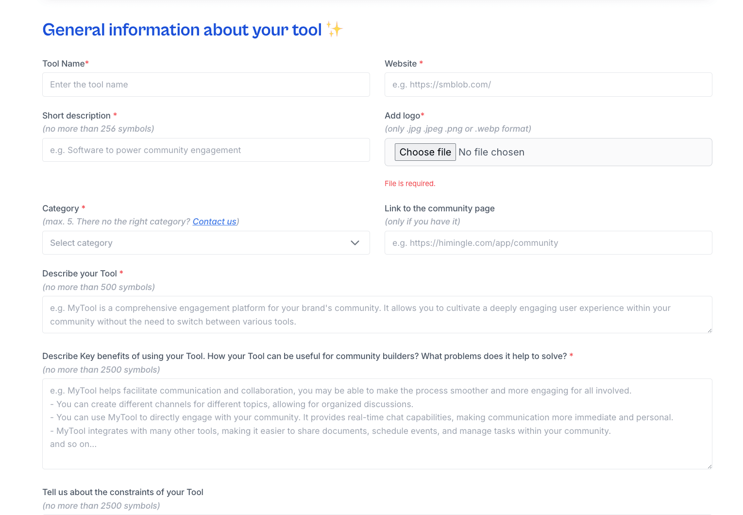 Form to add a new Tool